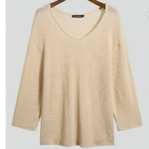 INCERUN Fashion Simple V-Neck Long Sleeve Thin Knitted Sweater Cream XL - Picture 2 of 8